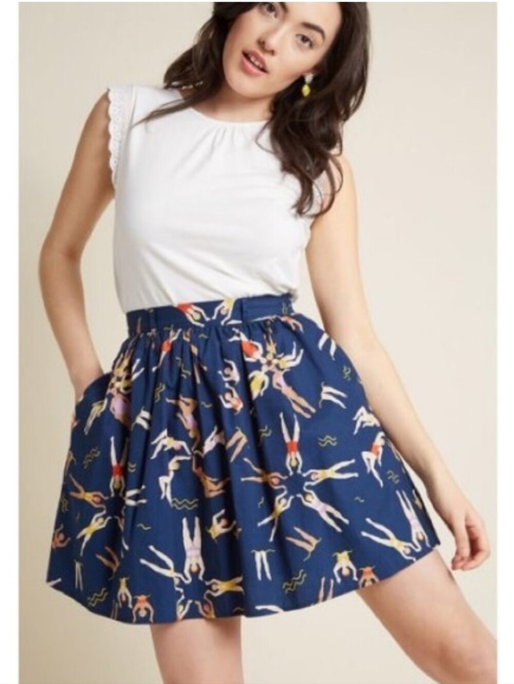 ModCloth Synchronized Swimmers Pleated Cotton Skirt Navy Medium